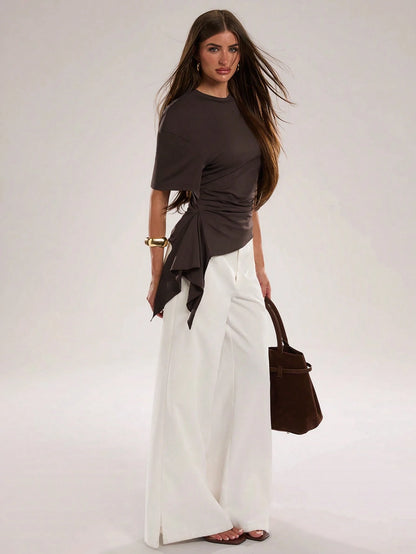 BAE Spring/Summer Women's Casual Vacation Commute Round Neck Asymmetric Hem Knit Top, Brown Knit Top, Suitable For Casual Vacation, Beach Vacation, Romantic Date, Party, Weekend Date, Beach Vaca