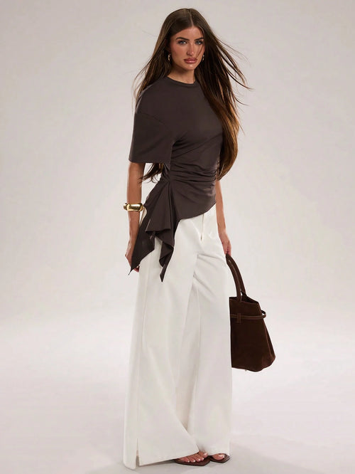 BAE Spring/Summer Women's Casual Vacation Commute Round Neck Asymmetric Hem Knit Top, Brown Knit Top, Suitable For Casual Vacation, Beach Vacation, Romantic Date, Party, Weekend Date, Beach Vaca