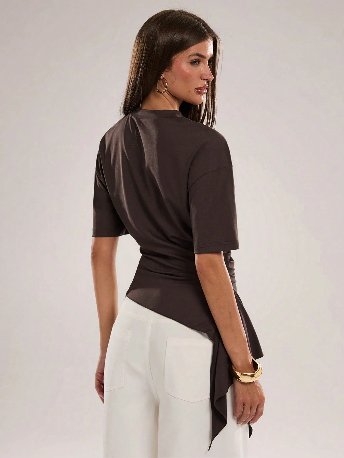BAE Spring/Summer Women's Casual Vacation Commute Round Neck Asymmetric Hem Knit Top, Brown Knit Top, Suitable For Casual Vacation, Beach Vacation, Romantic Date, Party, Weekend Date, Beach Vaca