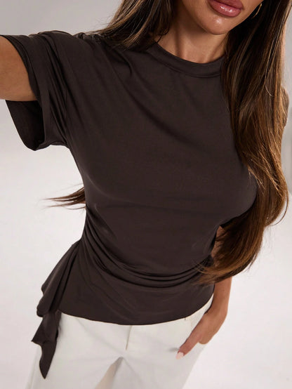 BAE Spring/Summer Women's Casual Vacation Commute Round Neck Asymmetric Hem Knit Top, Brown Knit Top, Suitable For Casual Vacation, Beach Vacation, Romantic Date, Party, Weekend Date, Beach Vaca