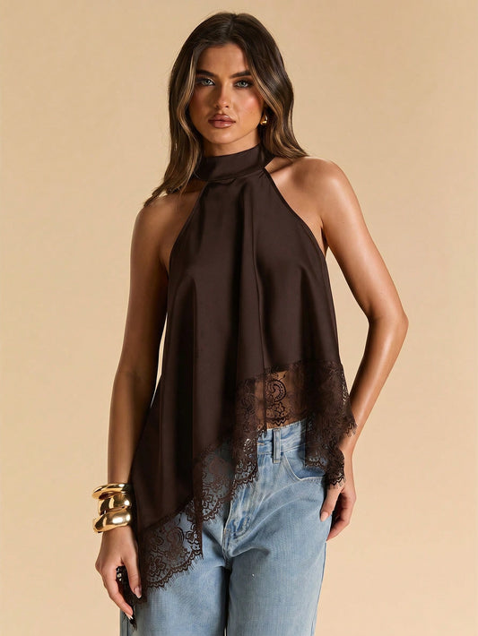 BAE Spring/Summer Women's Clothing Solid Dark Brown Sexy Minimalist Elegant Halter Neck Backless Lace Trim Patchwork Tank Top High-End Satin Faux Silk