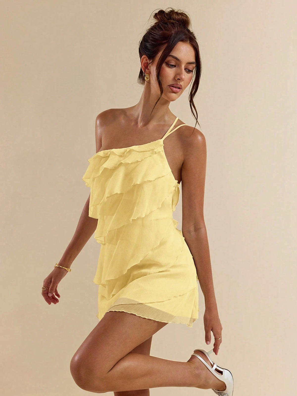 BAE Summer Women's Light Yellow Layered Lotus Leaf Cake Mini Dress,Seductive Solid Color Summer Beach Vacation Date Night Out Party Rave Festival Outfit