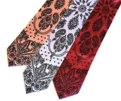 cowboy bandana print neckties: dark salmon, white, rust.