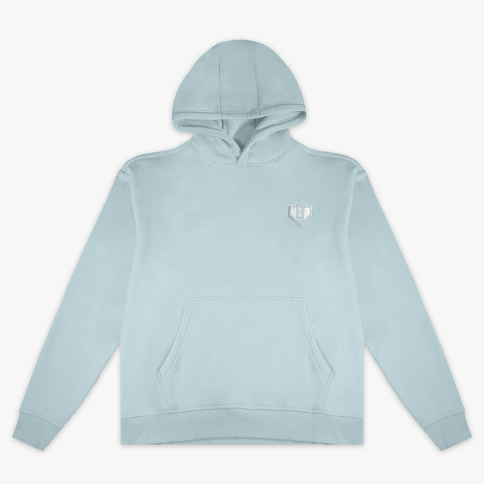 Blue Baseline youth hoodie — front view