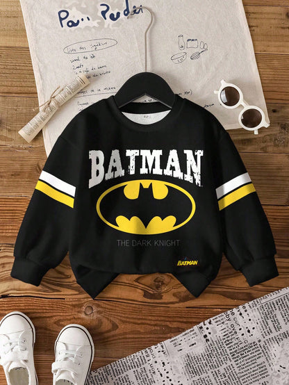 BATMAN X Young Boy Casual Bat & Letter Graphic Crew Neck Sweatshirt, Autumn Sweater For Boy Toddler Boy Sweatshirt Sweatshirts For Boys Fall Winter