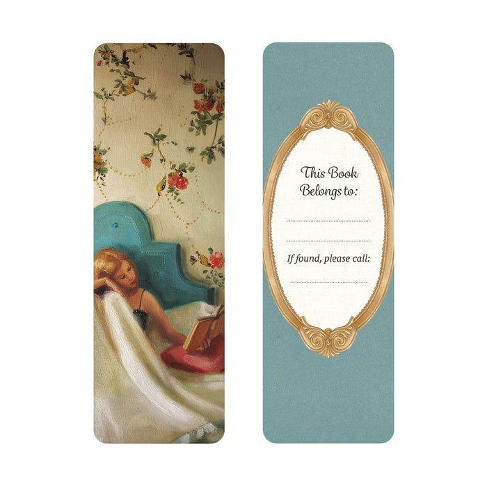 Bookmark with vintage illustration of a woman reading a book in bed on the front and gold frame bookplate on a teal background on the back.