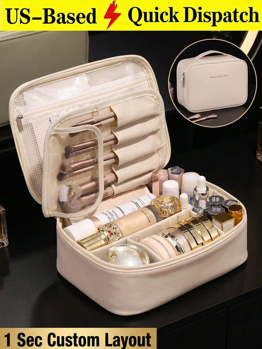 Beige Pink Large Capacity Makeup Bag With Adjustable Dividers & Brush Holders, Waterproof PU Cosmetic Bag Travel Toiletry Storage Pouch, Portable Make Up Bag Pencil Case For Travel Essentials Back To