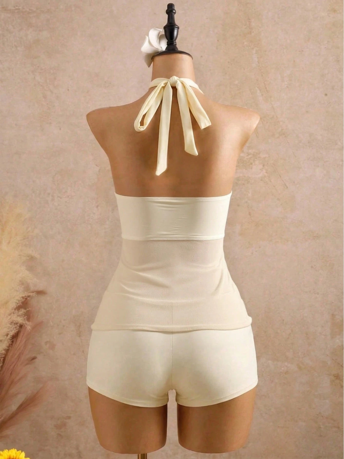 Bellisia French-Style Elegant Halter Neck Metallic Mesh-Paneled Resort-Style Two-Piece Swimwear Set