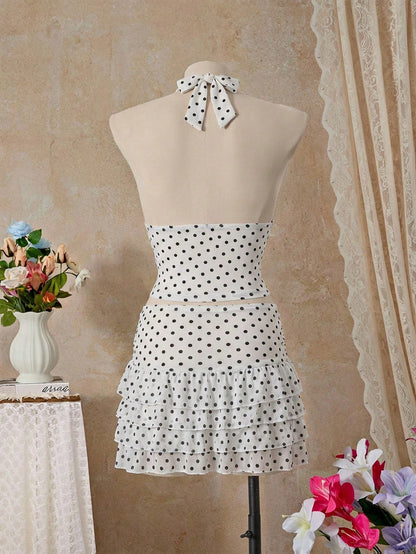 Bellisia Women's Polka Dot Print Halter Tankini Top And Triangle Bottoms Set With Skirt