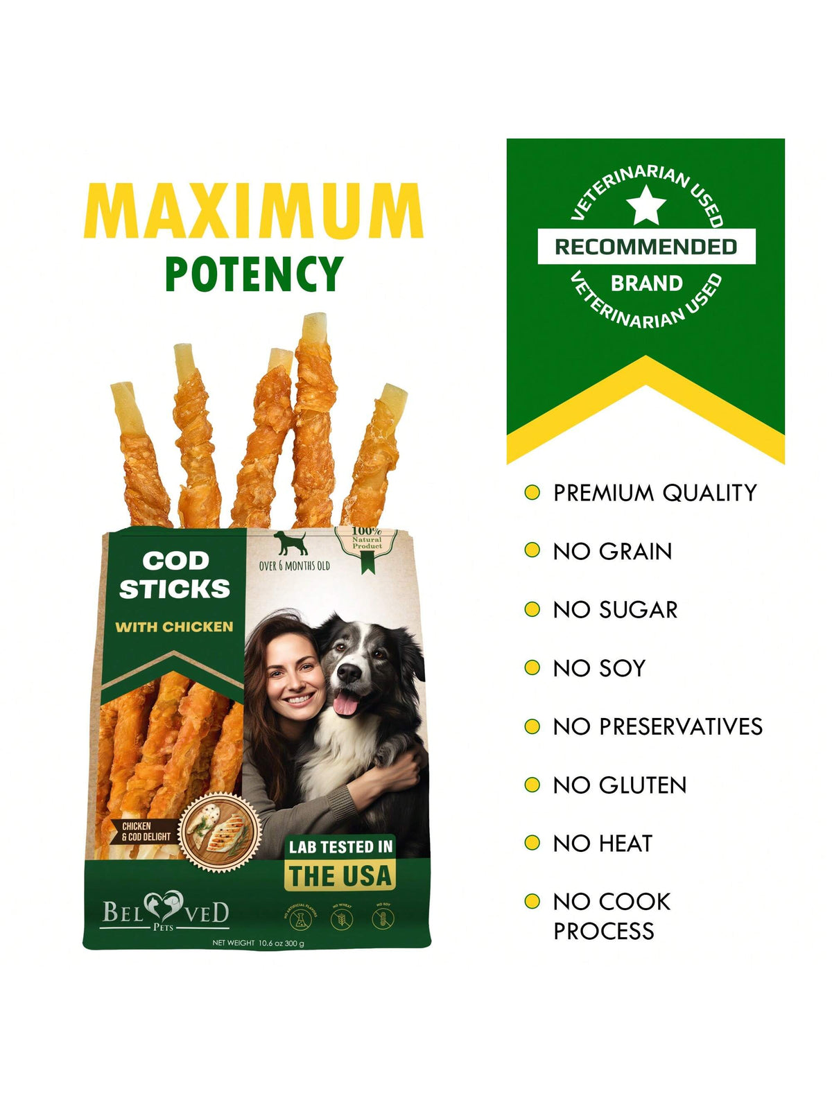 Beloved Pets Cod Sticks Dog Treats Chicken Wrapped- Natural Rawhide- Free & Grain Free Long Lasting Chews For Large & Small Dogs- Support Healthy Teeth & Skin Coat- Lab Tested In The USA