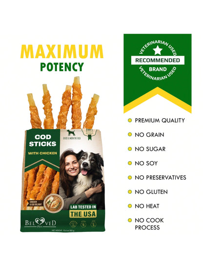 Beloved Pets Cod Sticks Dog Treats Chicken Wrapped- Natural Rawhide- Free & Grain Free Long Lasting Chews For Large & Small Dogs- Support Healthy Teeth & Skin Coat- Lab Tested In The USA