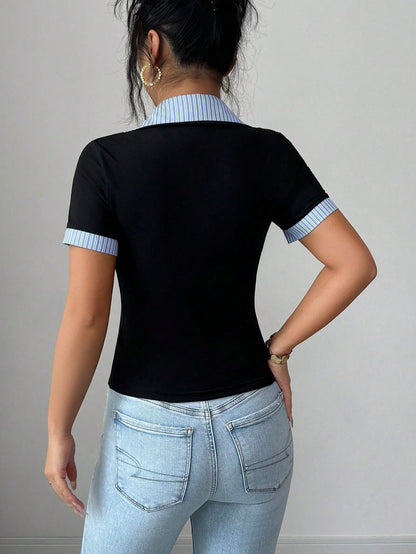 Best-Selling Blue & White Striped Collar Patchwork Black Knit Placket Decorated Short Sleeve Cuff Patchwork Blue & White Striped Knit T-Shirt