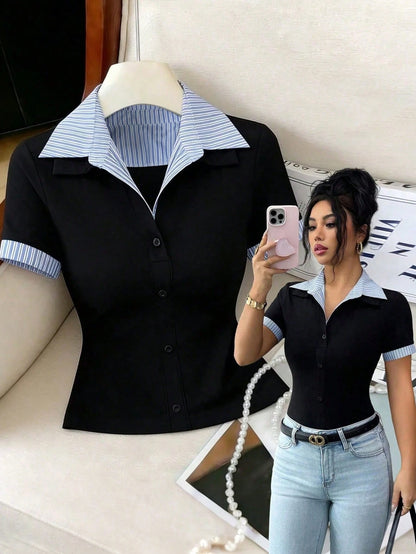 Best-Selling Blue & White Striped Collar Patchwork Black Knit Placket Decorated Short Sleeve Cuff Patchwork Blue & White Striped Knit T-Shirt