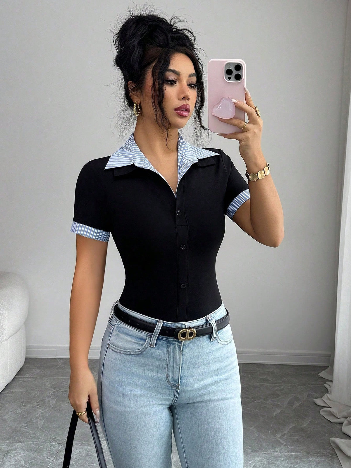 Best-Selling Blue & White Striped Collar Patchwork Black Knit Placket Decorated Short Sleeve Cuff Patchwork Blue & White Striped Knit T-Shirt