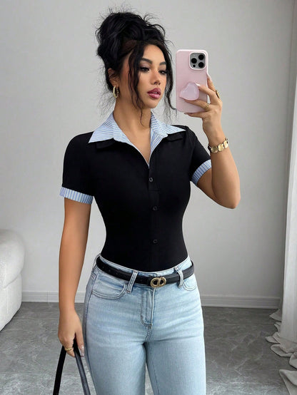 Best-Selling Blue & White Striped Collar Patchwork Black Knit Placket Decorated Short Sleeve Cuff Patchwork Blue & White Striped Knit T-Shirt