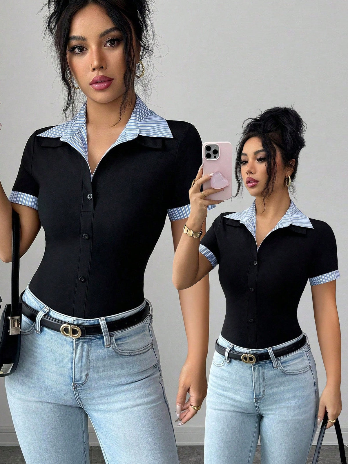 Best-Selling Blue & White Striped Collar Patchwork Black Knit Placket Decorated Short Sleeve Cuff Patchwork Blue & White Striped Knit T-Shirt