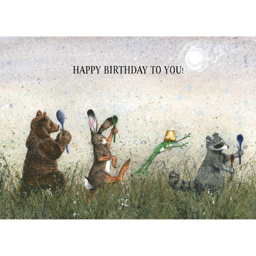 Illustration of a bear, hare, frog and raccoon walking through a field holding spoons, and text "Happy birthday to you!".