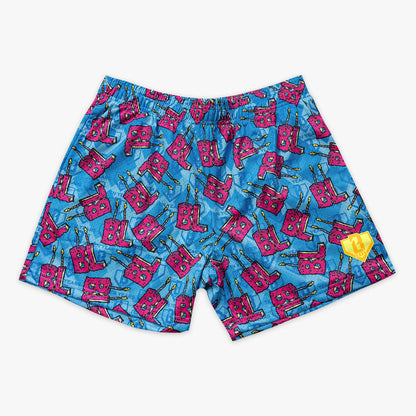 Blue youth shorts with "BL Birthday" design — front view
