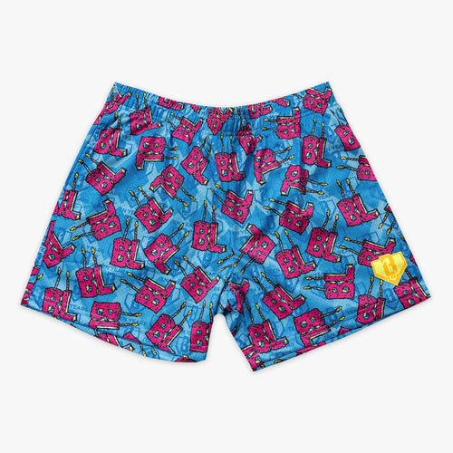 Blue youth shorts with "BL Birthday" design — front view
