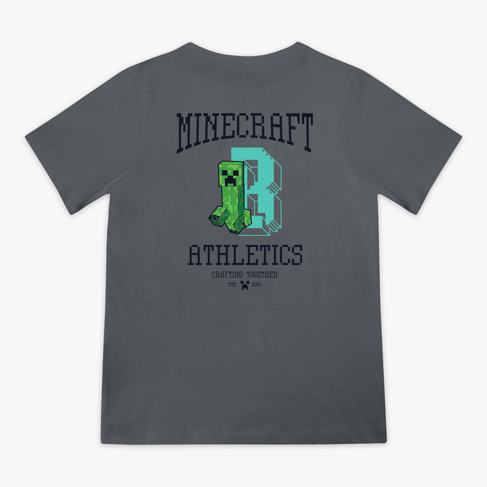 Gray youth graphic tee with "BL101 X Minecraft Athletics" design — back view