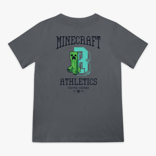 Gray youth graphic tee with "BL101 X Minecraft Athletics" design — back view