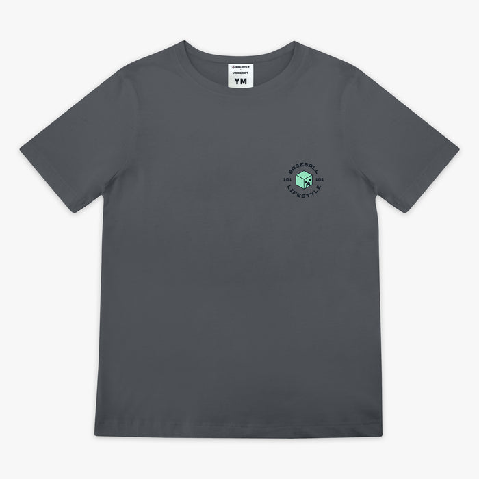 Gray youth graphic tee with "BL101 X Minecraft Athletics" design — front view