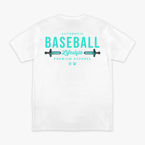 White graphic tee with "BL101 X Minecraft Diamond Sword Authentic" design — back view