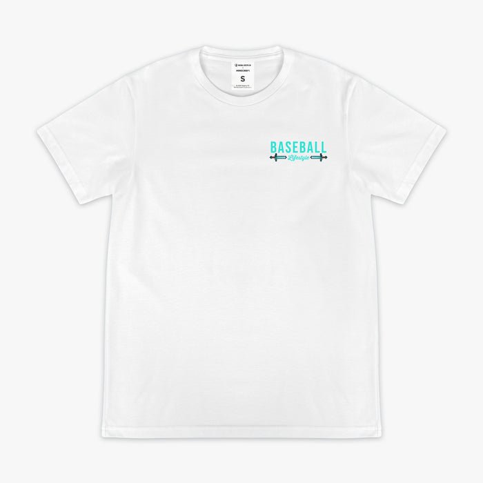 White graphic tee with "BL101 X Minecraft Diamond Sword Authentic" design — front view