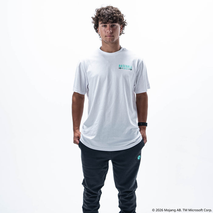 Adult model wearing white graphic tee with "BL101 X Minecraft Diamond Sword Authentic" design