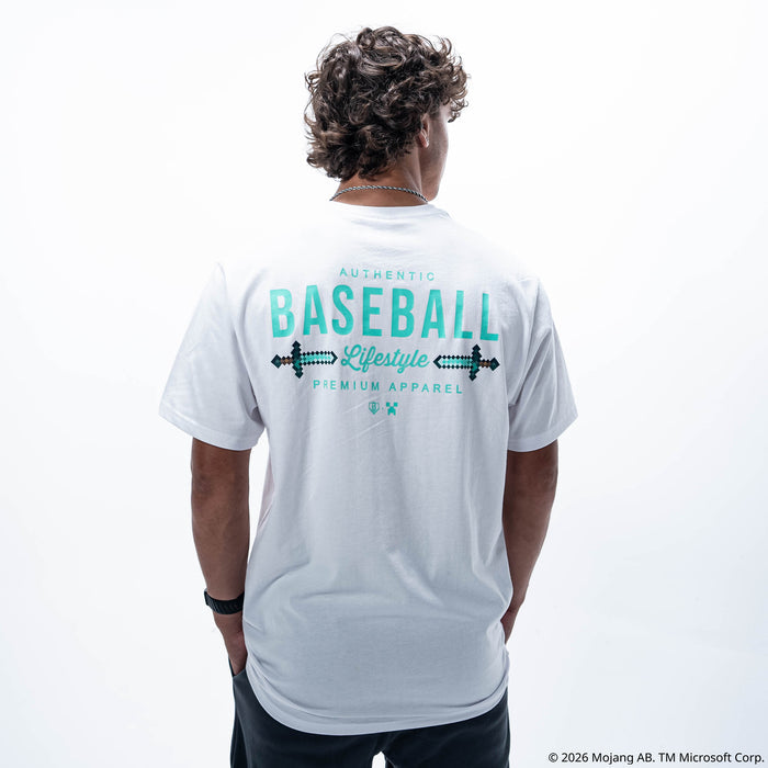Adult model wearing white graphic tee with "BL101 X Minecraft Diamond Sword Authentic" design