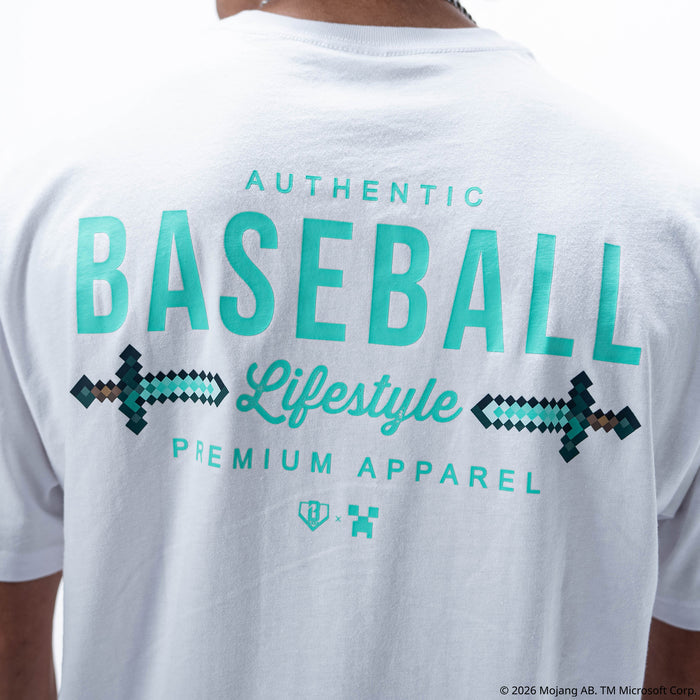Adult model wearing white graphic tee with "BL101 X Minecraft Diamond Sword Authentic" design