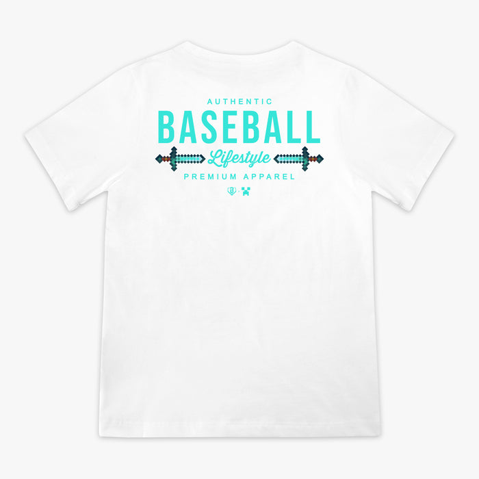 White youth graphic tee with "BL101 X Minecraft Diamond Sword Authentic" design — back view