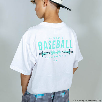 Youth model wearing white youth graphic tee with "BL101 X Minecraft Diamond Sword Authentic" design