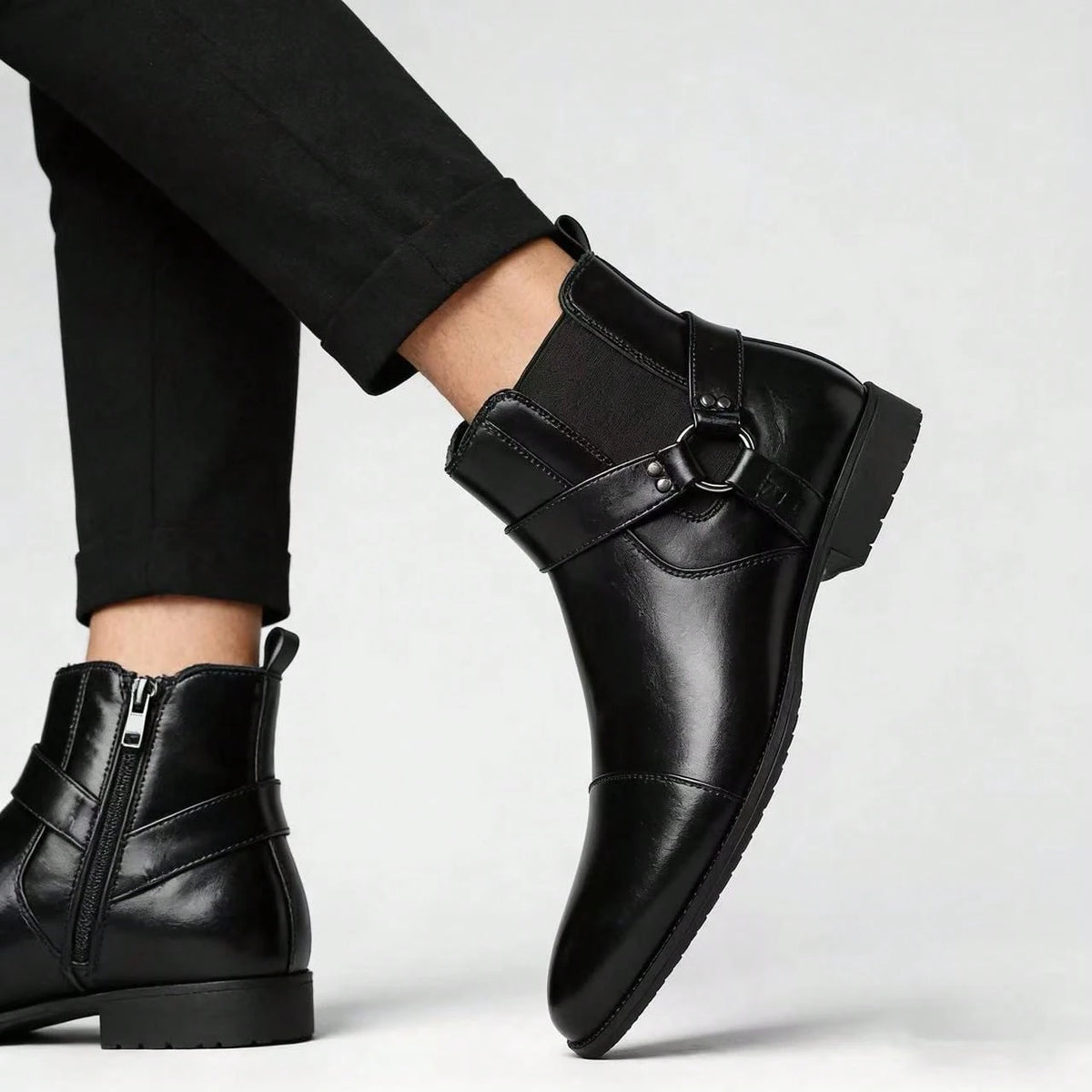 Black PU Buckle Decor Ankle Chelsea Boots, Men Side Zip Pointed Toe Daily Work Dress Short Boots