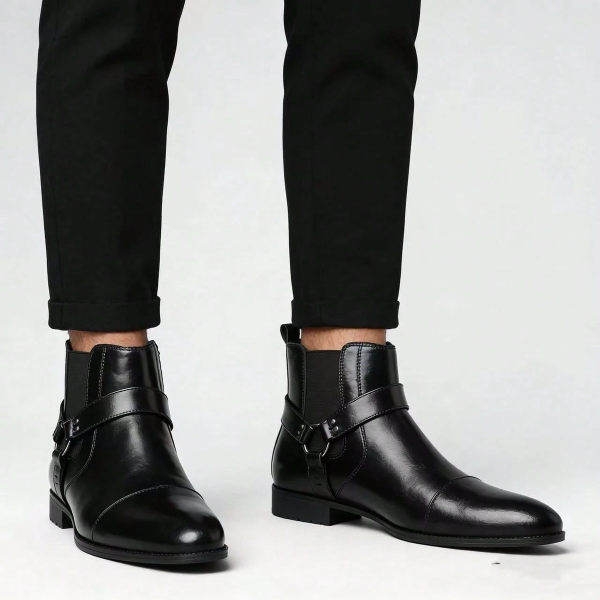 Black PU Buckle Decor Ankle Chelsea Boots, Men Side Zip Pointed Toe Daily Work Dress Short Boots
