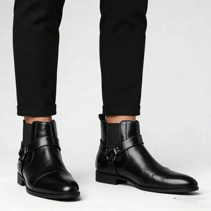 Black PU Buckle Decor Ankle Chelsea Boots, Men Side Zip Pointed Toe Daily Work Dress Short Boots