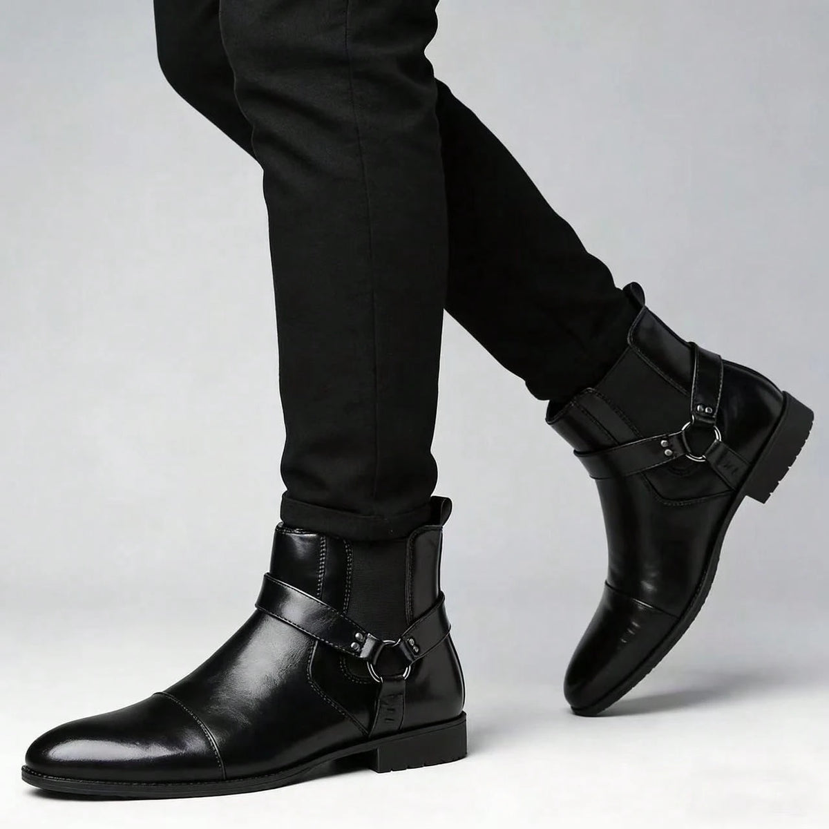 Black PU Buckle Decor Ankle Chelsea Boots, Men Side Zip Pointed Toe Daily Work Dress Short Boots