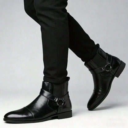 Black PU Buckle Decor Ankle Chelsea Boots, Men Side Zip Pointed Toe Daily Work Dress Short Boots