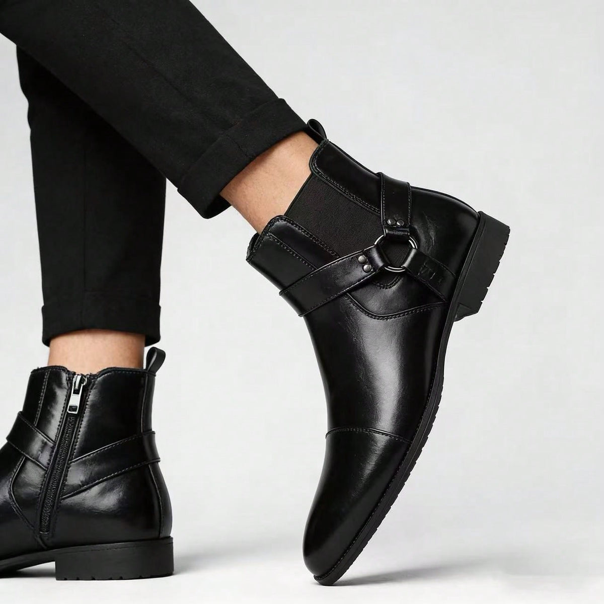 Black PU Buckle Decor Ankle Chelsea Boots, Men Side Zip Pointed Toe Daily Work Dress Short Boots