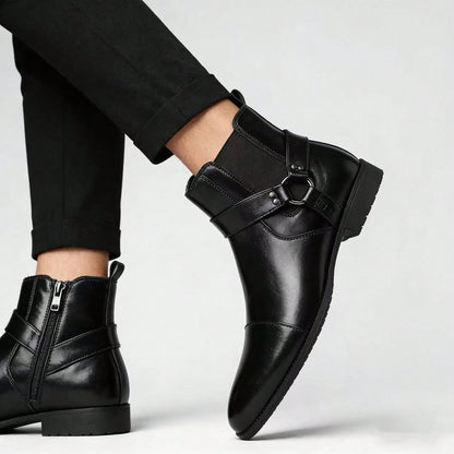 Black PU Buckle Decor Ankle Chelsea Boots, Men Side Zip Pointed Toe Daily Work Dress Short Boots