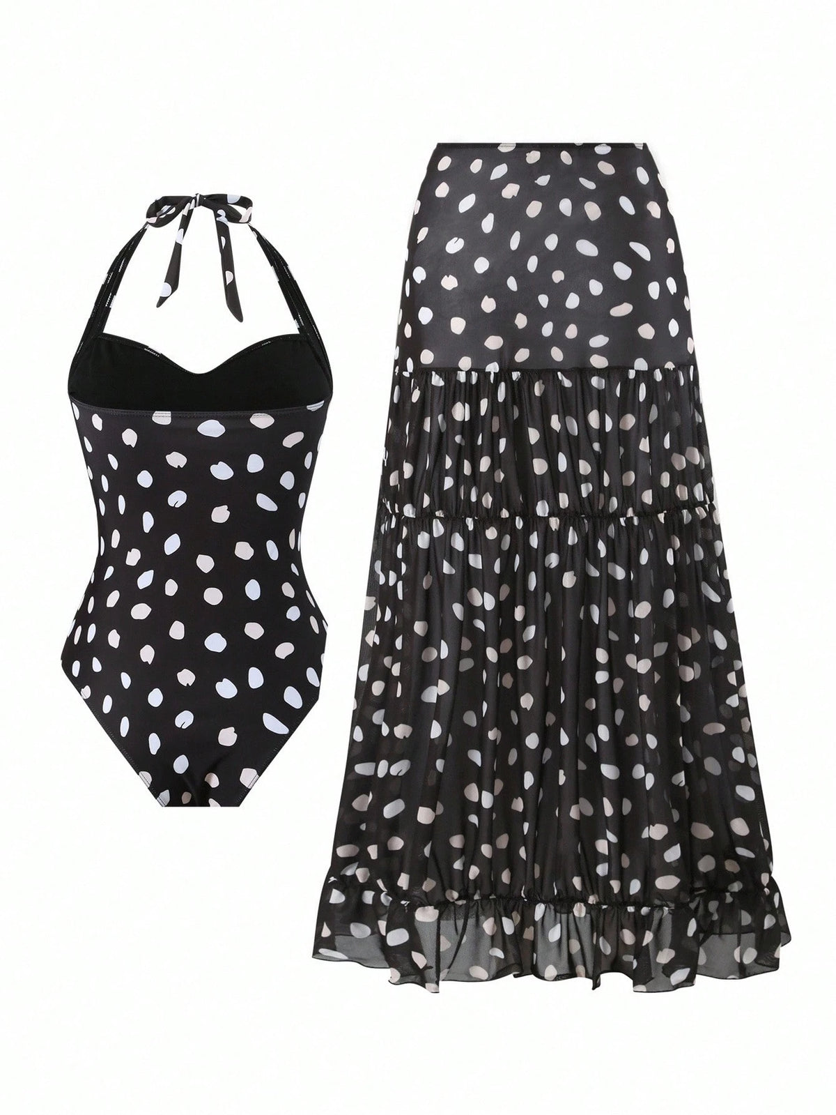 Bonvoyette Asymmetrical Polka Dot Halter One Piece Swimsuit & Maxi Skirt Set For Women