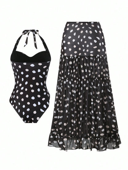 Bonvoyette Asymmetrical Polka Dot Halter One Piece Swimsuit & Maxi Skirt Set For Women