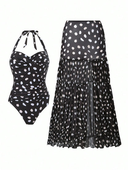 Bonvoyette Asymmetrical Polka Dot Halter One Piece Swimsuit & Maxi Skirt Set For Women