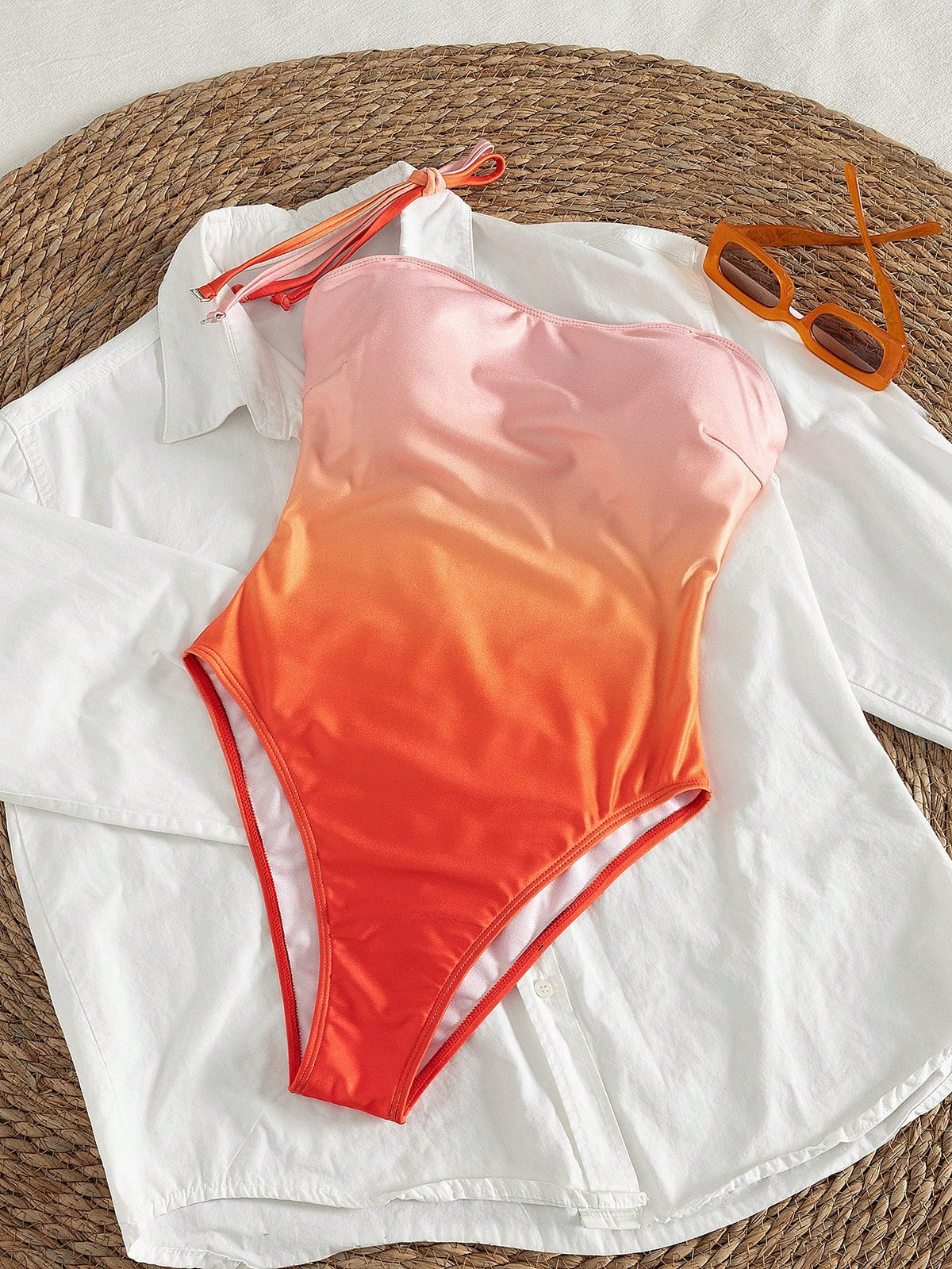 Bonvoyette Summer Vacation Gradient Print Detachable Strap Bandeau One-Piece Swimsuit