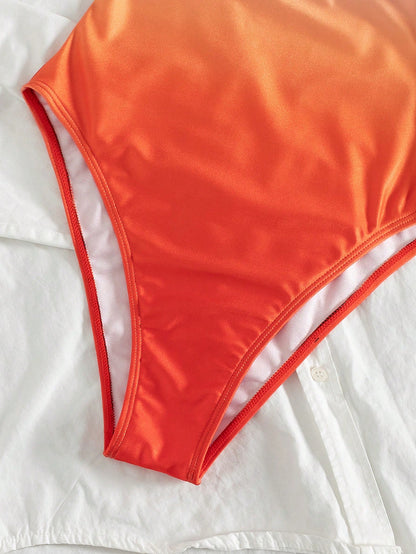 Bonvoyette Summer Vacation Gradient Print Detachable Strap Bandeau One-Piece Swimsuit