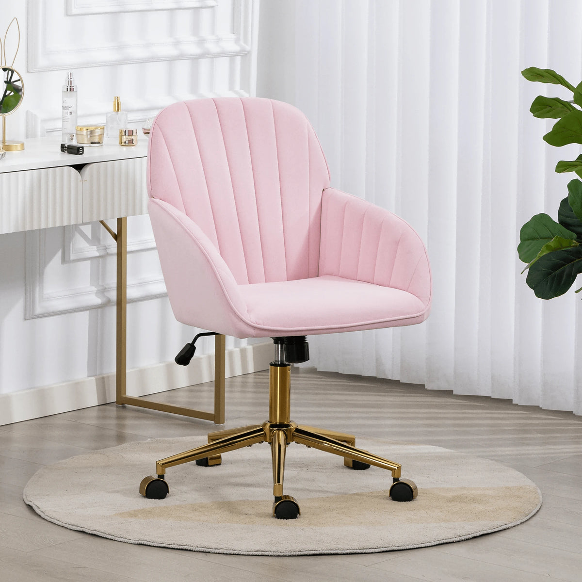 Bosmiller Velvet Home Office Chair With Gold Base And Wheels, Modern Makeup Vanity Chair, Height Adjustable Swivel Desk Chair For Living Room Bedroom Study Room, Pink
