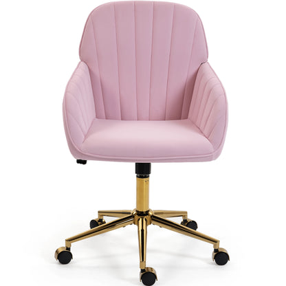 Bosmiller Velvet Home Office Chair With Gold Base And Wheels, Modern Makeup Vanity Chair, Height Adjustable Swivel Desk Chair For Living Room Bedroom Study Room, Pink
