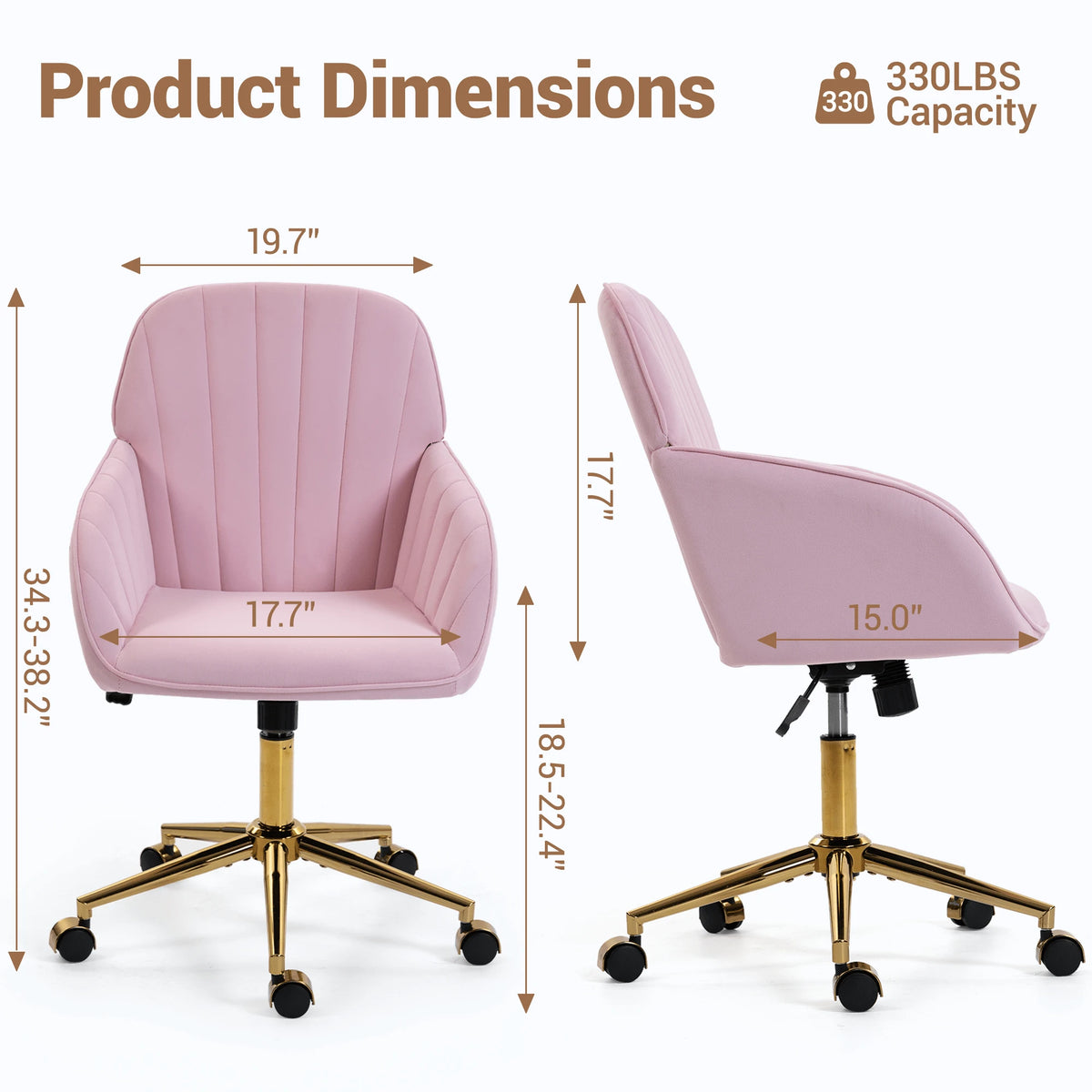 Bosmiller Velvet Home Office Chair With Gold Base And Wheels, Modern Makeup Vanity Chair, Height Adjustable Swivel Desk Chair For Living Room Bedroom Study Room, Pink