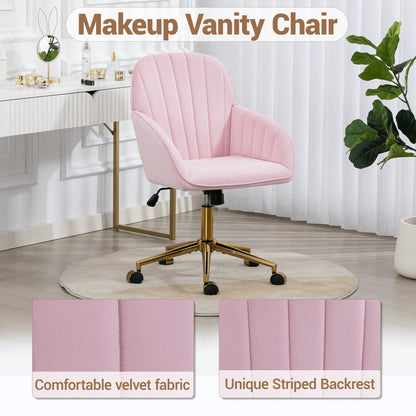 Bosmiller Velvet Home Office Chair With Gold Base And Wheels, Modern Makeup Vanity Chair, Height Adjustable Swivel Desk Chair For Living Room Bedroom Study Room, Pink