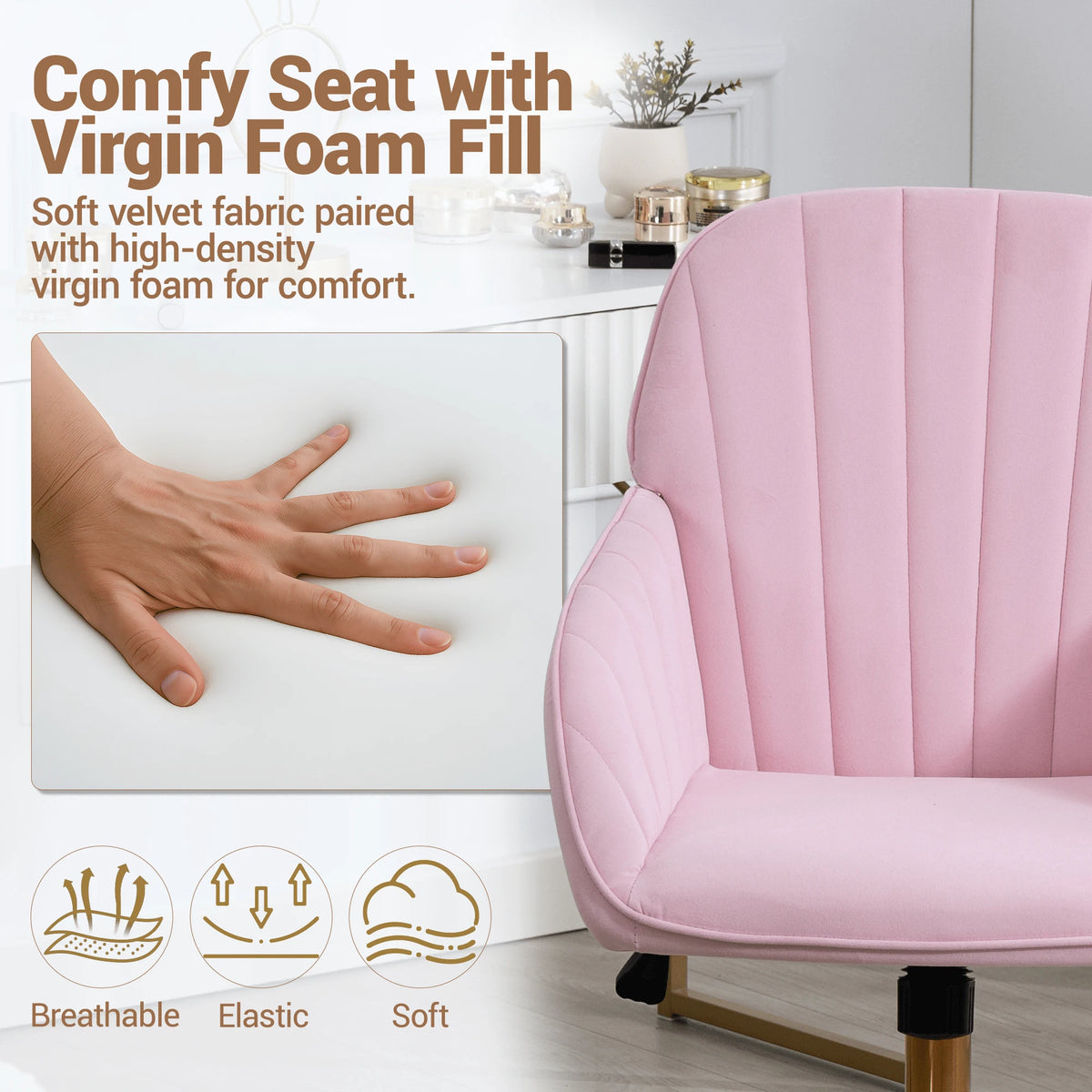 Bosmiller Velvet Home Office Chair With Gold Base And Wheels, Modern Makeup Vanity Chair, Height Adjustable Swivel Desk Chair For Living Room Bedroom Study Room, Pink